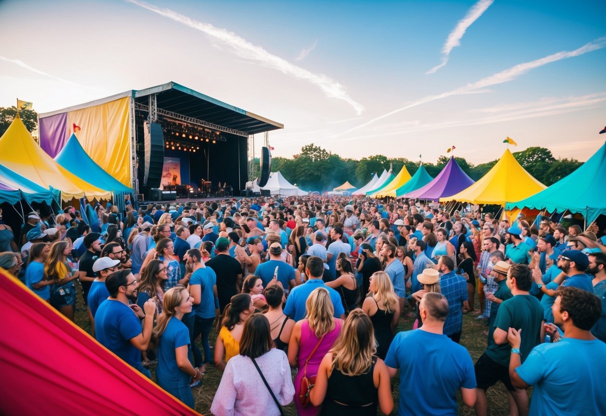 Crowds gather around a stage, colorful tents line the perimeter. Music fills the air as people dance and enjoy the festival atmosphere