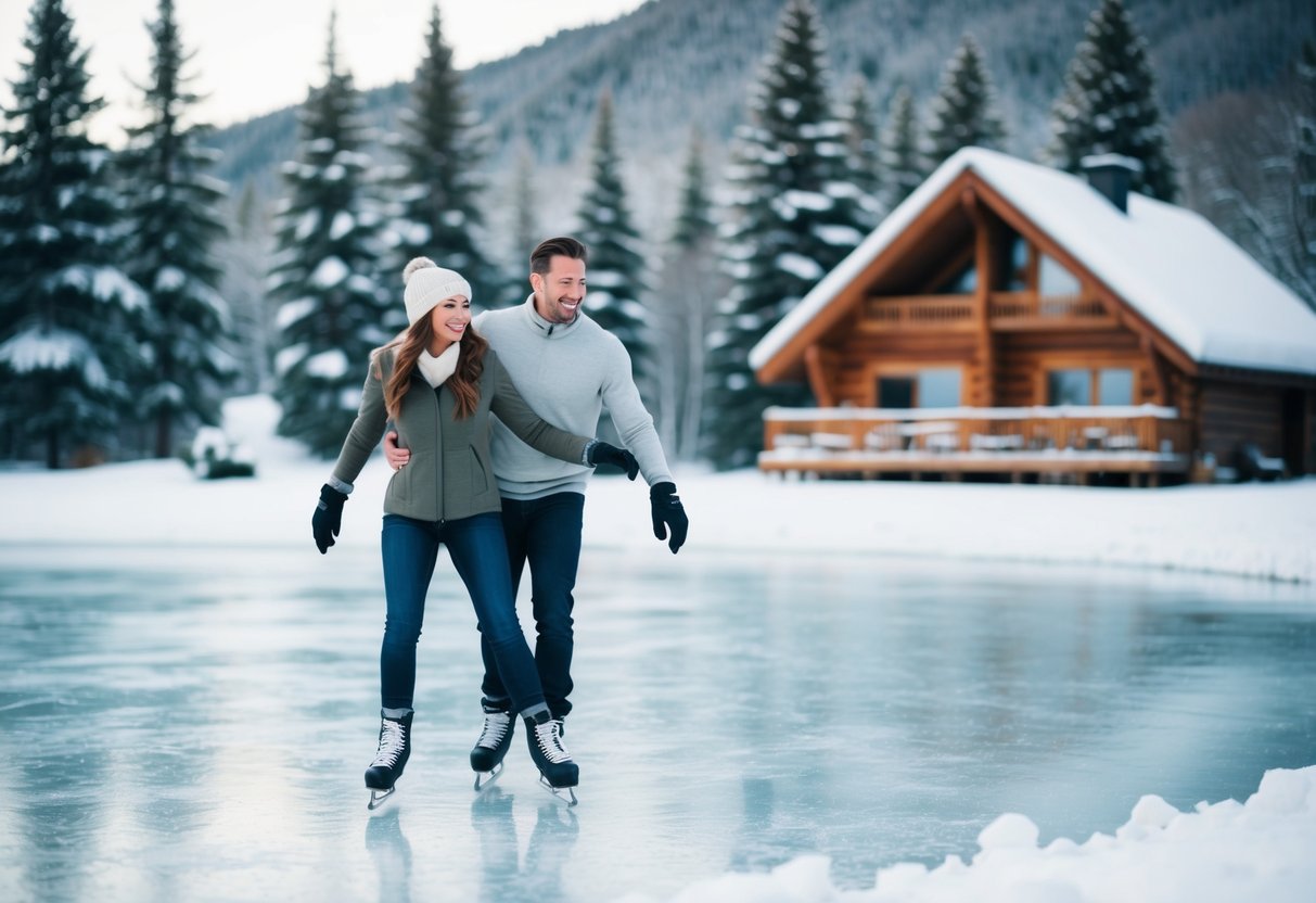 A couple ice skating on a frozen pond surrounded by snow-covered trees and a cozy cabin in the background