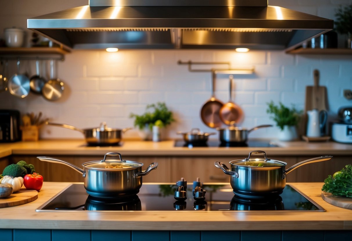 A cozy kitchen setting with two cooking stations, pots and pans, fresh ingredients, and a romantic ambiance