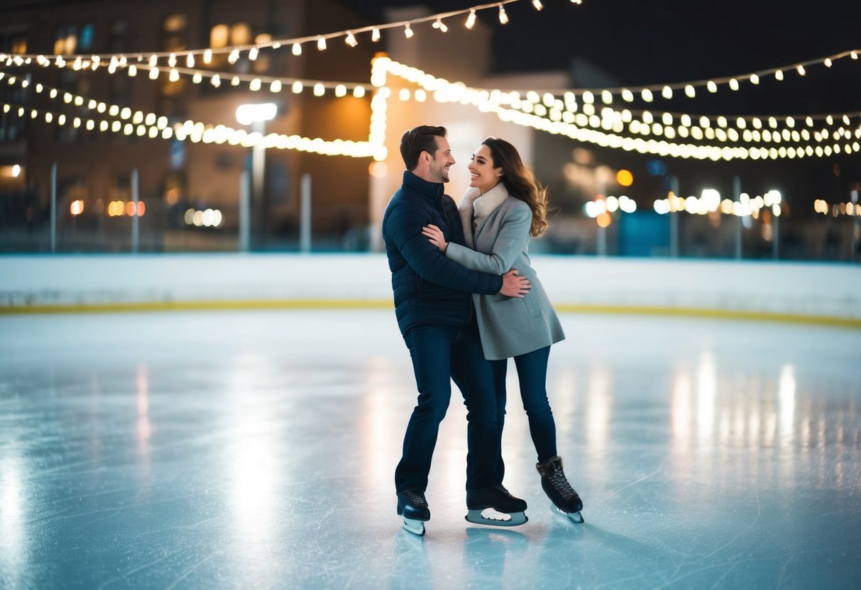 A couple glides across the smooth ice of a local rink, surrounded by twinkling lights and the sound of laughter
