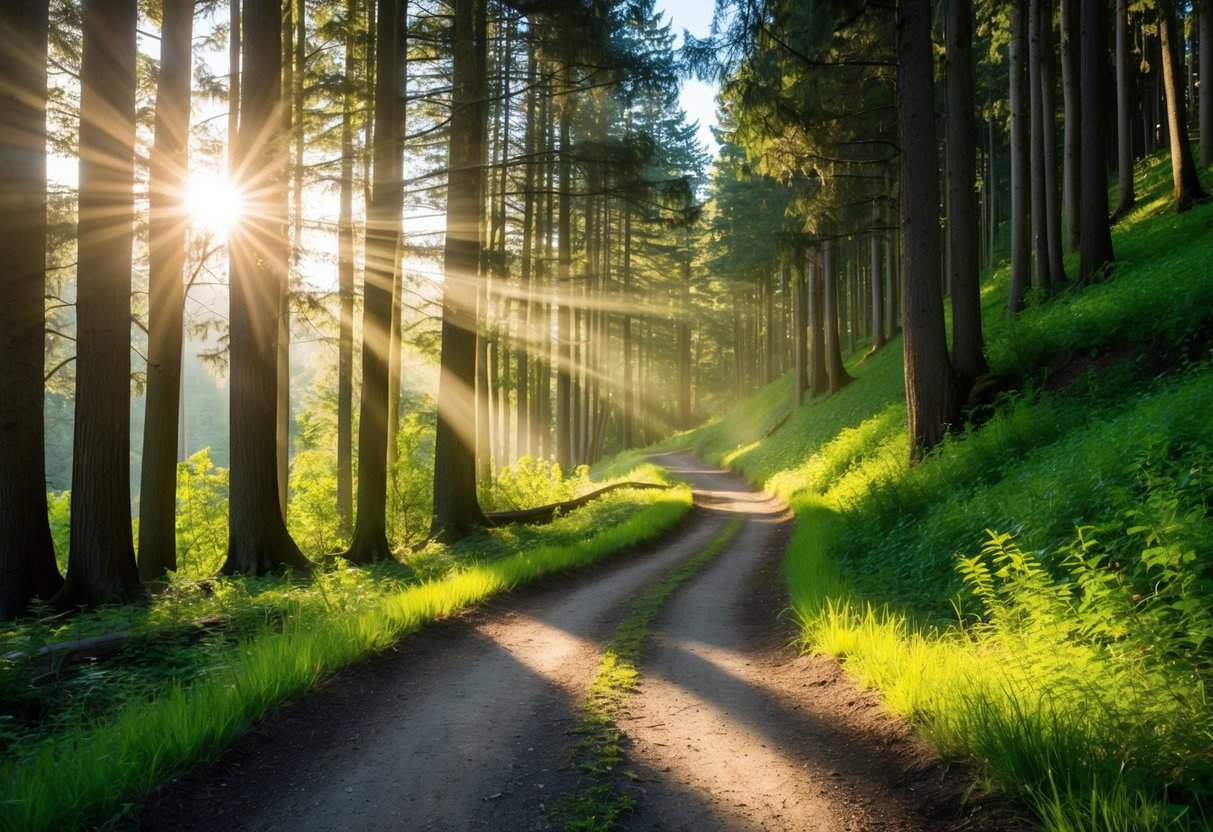 A winding forest trail with sunlight streaming through the dense canopy, surrounded by tall trees and lush greenery