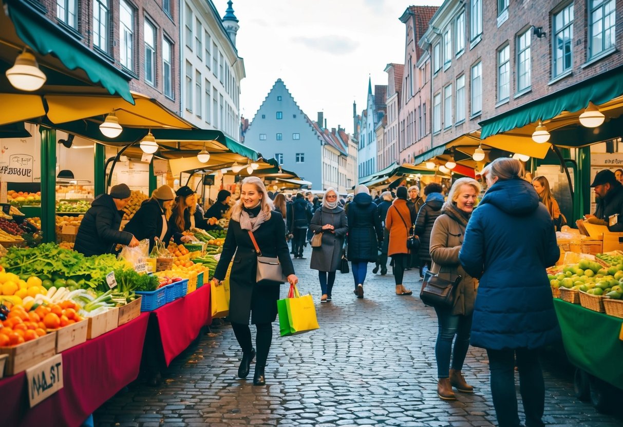 A bustling Aalst weekly market with colorful stalls and lively shoppers browsing through fresh produce and local goods