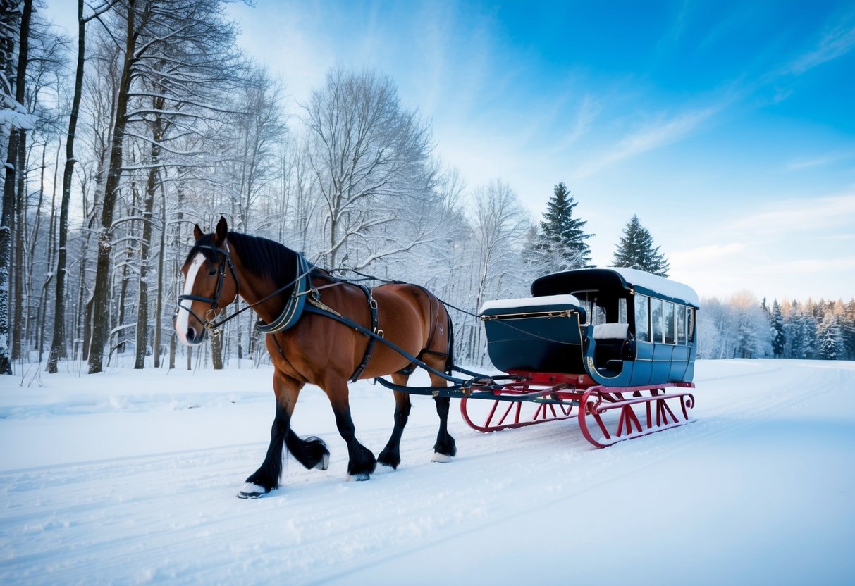 A horse-drawn sleigh glides through snowy woods, with snow-covered trees and a clear blue sky in the background