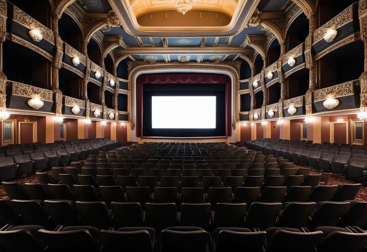 A dimly lit theater with rows of empty seats facing a large screen, surrounded by ornate decorations and intricate architectural details