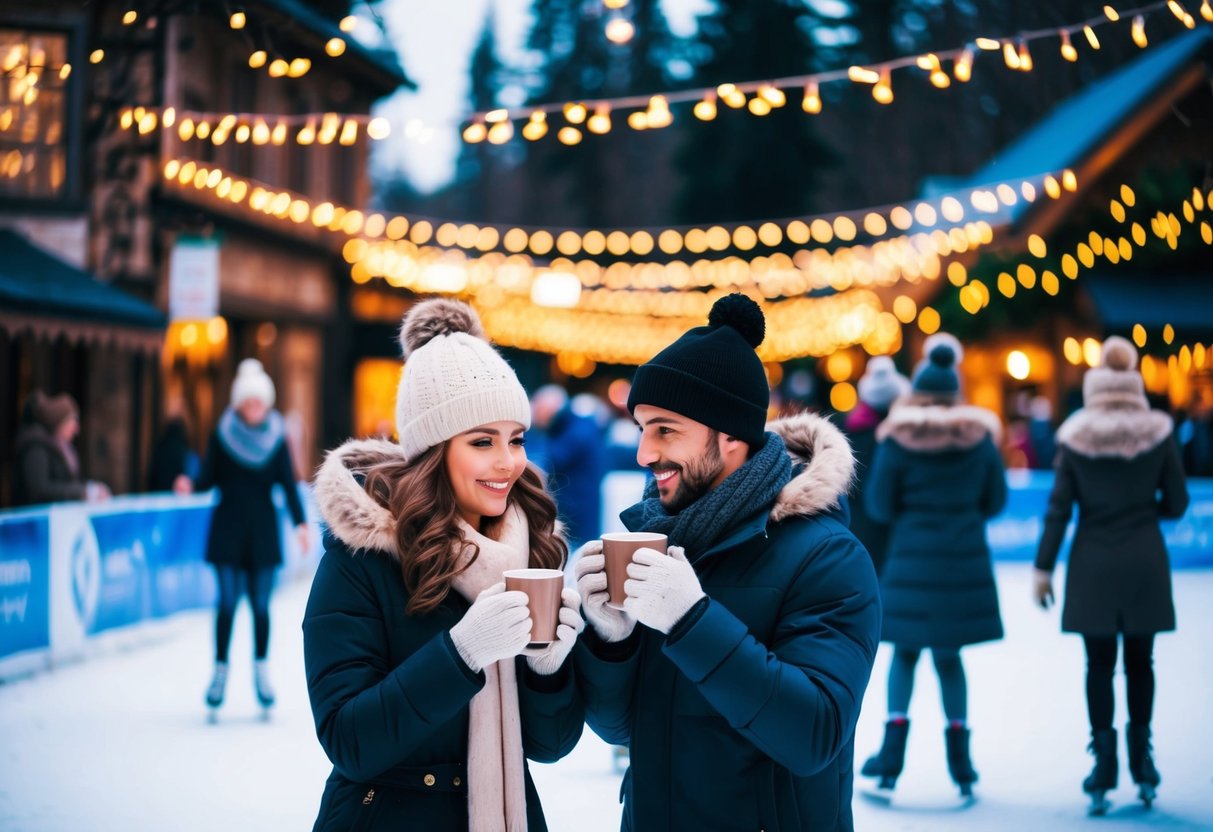 A cozy winter festival scene with couples ice skating, sipping hot cocoa, and admiring twinkling lights and festive decorations