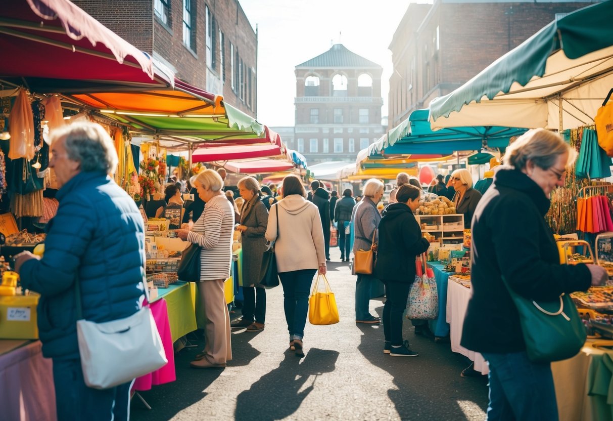A bustling flea market with colorful stalls and people browsing. Sunlight streams through the open-air market, casting shadows on the various items for sale