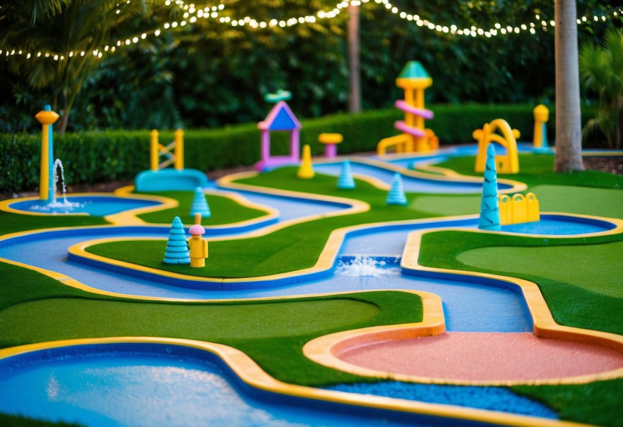 A colorful mini-golf course with winding paths, water features, and whimsical obstacles set against a backdrop of lush greenery and twinkling fairy lights