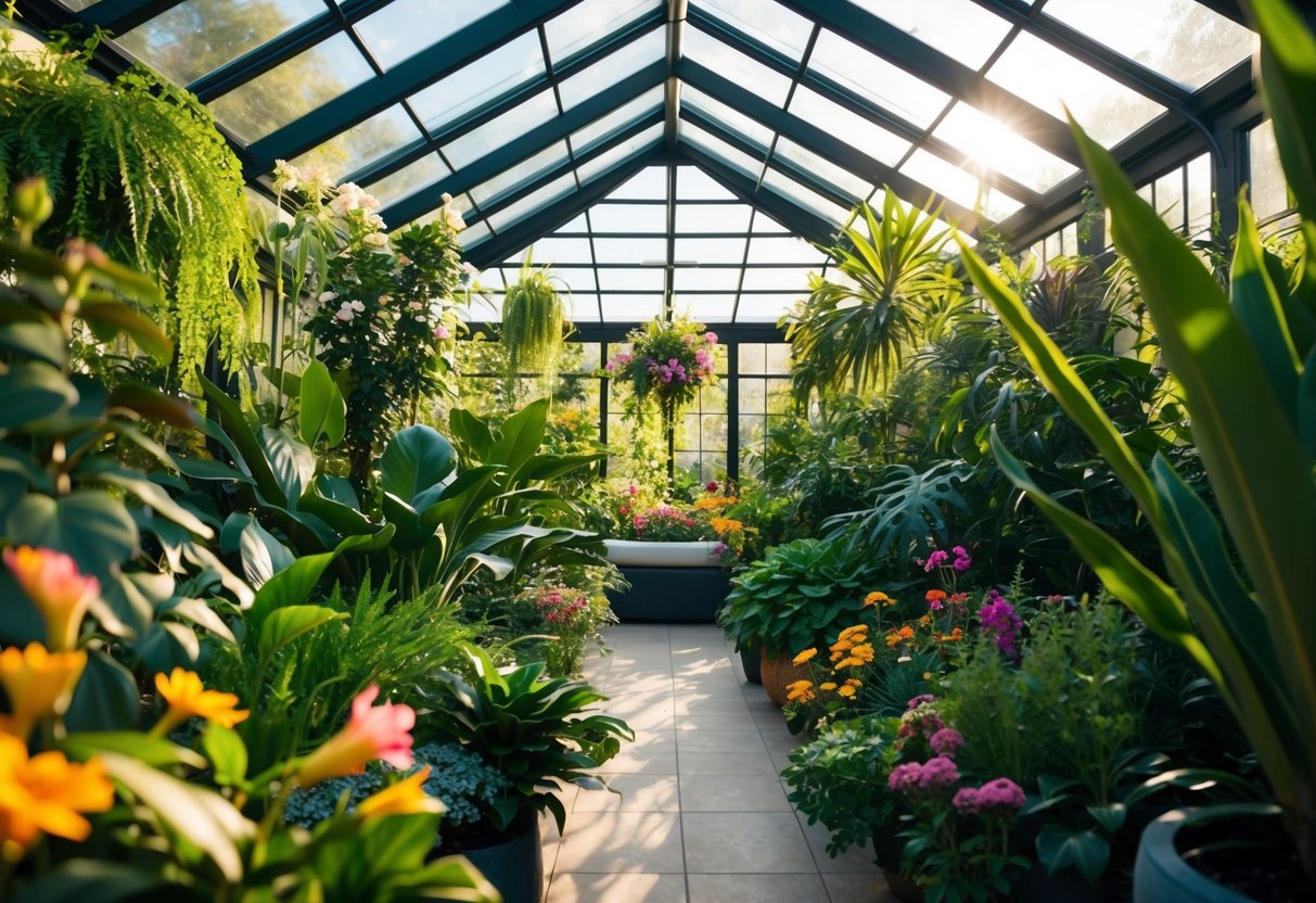 A cozy indoor botanical garden with lush greenery, colorful flowers, and a serene atmosphere. Sunlight filters through the glass ceiling, casting warm rays on the plants