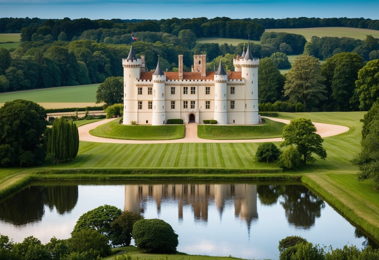 A majestic castle nestled in the countryside, surrounded by lush greenery and a serene moat