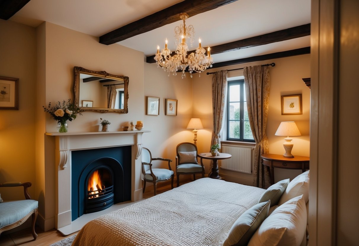 A quaint bed and breakfast nestled in a charming European town, with a cozy fireplace and a warm, inviting atmosphere