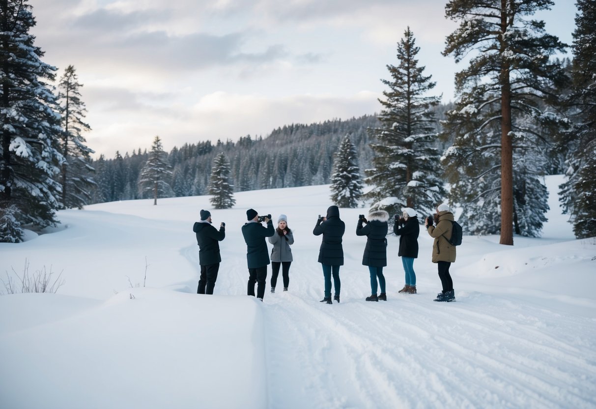 A snowy landscape with a small group of people taking photos, surrounded by pine trees and snow-covered ground
