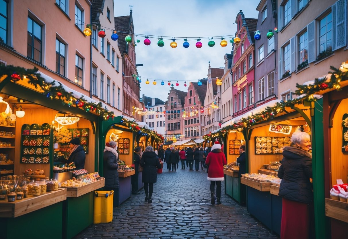 Colorful stalls line cobblestone streets at the Aalst Christmas market, offering festive decorations, warm beverages, and sweet treats. Twinkling lights and joyful music fill the air
