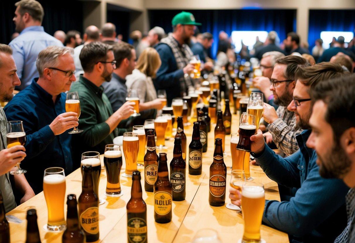 A bustling beer tasting event with rows of tables, each adorned with various beer bottles and glasses. Attendees mingle, sipping and discussing the different brews