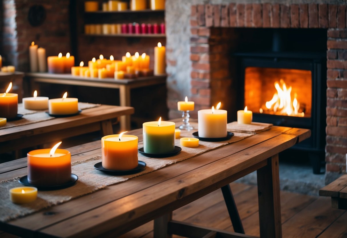 A cozy candle-making workshop: rustic wooden tables, shelves of colorful wax, flickering candlelight, and the warm glow of a crackling fireplace