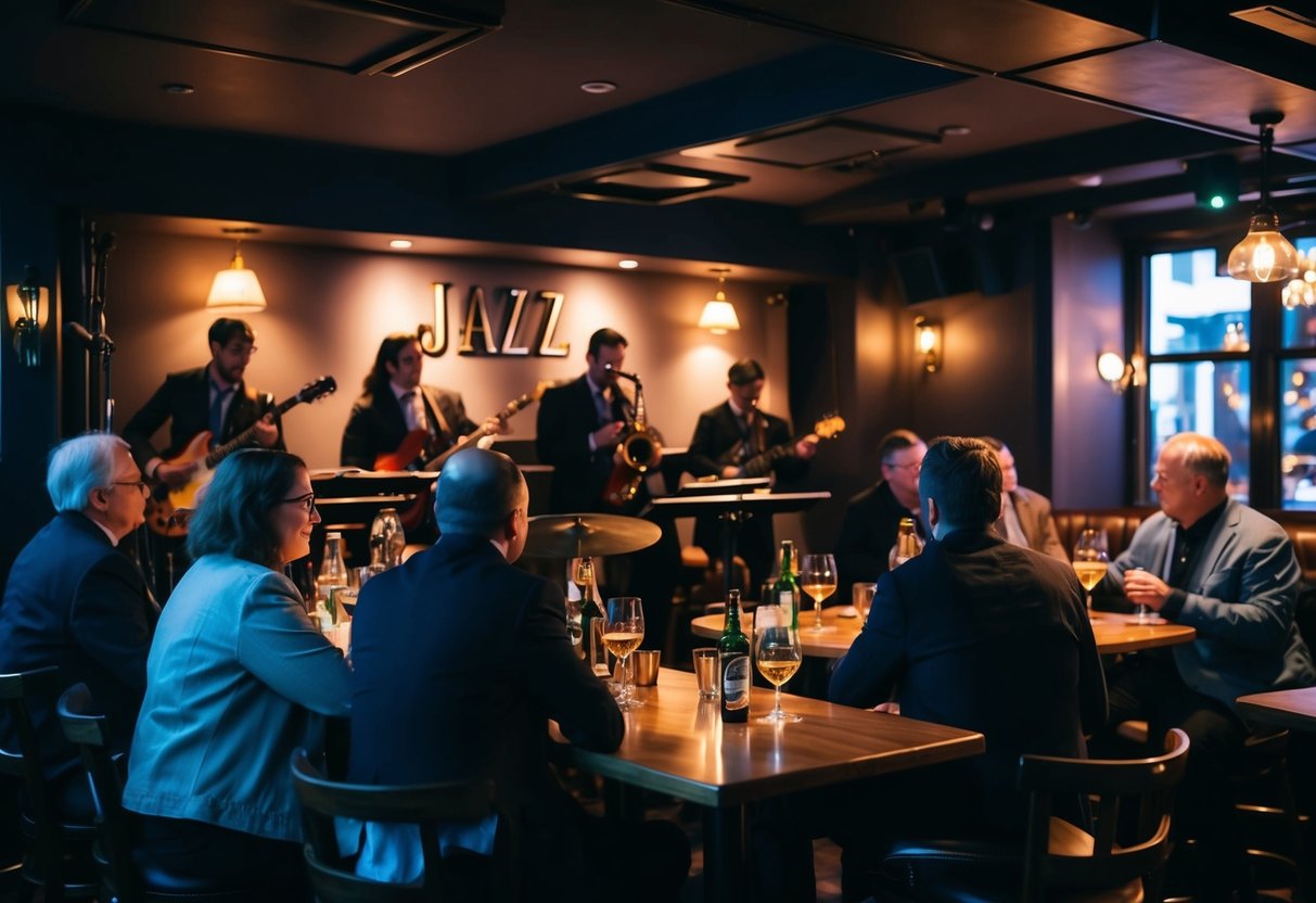 A cozy jazz club with dim lighting, a stage with instruments, and patrons enjoying live music and drinks