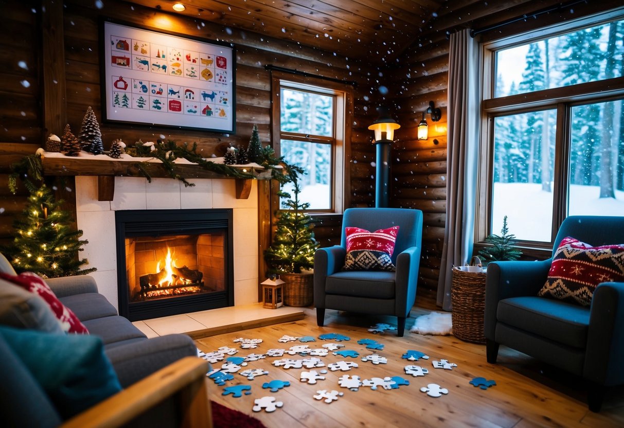 A cozy cabin with snow falling outside, a crackling fireplace, and various winter-themed puzzles and clues scattered around the room