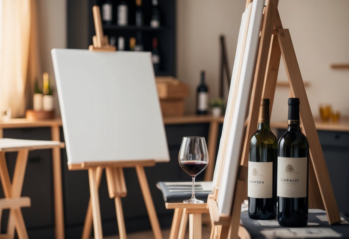 A cozy studio with easels, canvases, and wine bottles. Soft lighting and a relaxed atmosphere