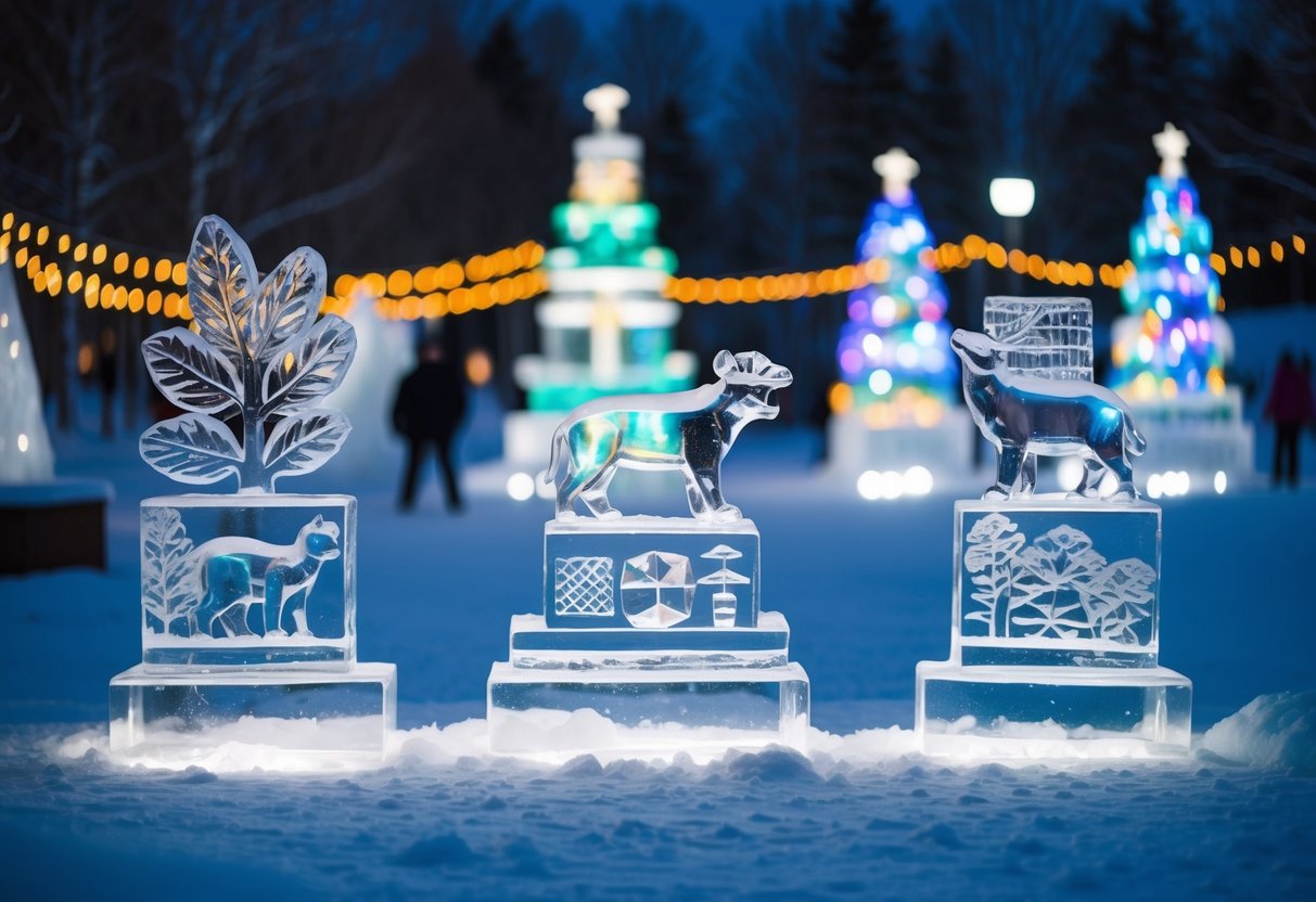 An outdoor ice sculpture exhibit with intricate carvings of animals, plants, and geometric shapes, illuminated by colorful lights against a backdrop of snow-covered trees