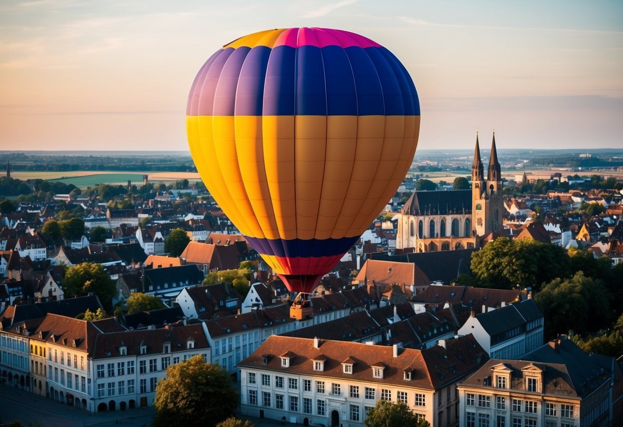 A colorful hot air balloon floats over the picturesque city of Aalst, with its charming architecture and scenic landscapes below