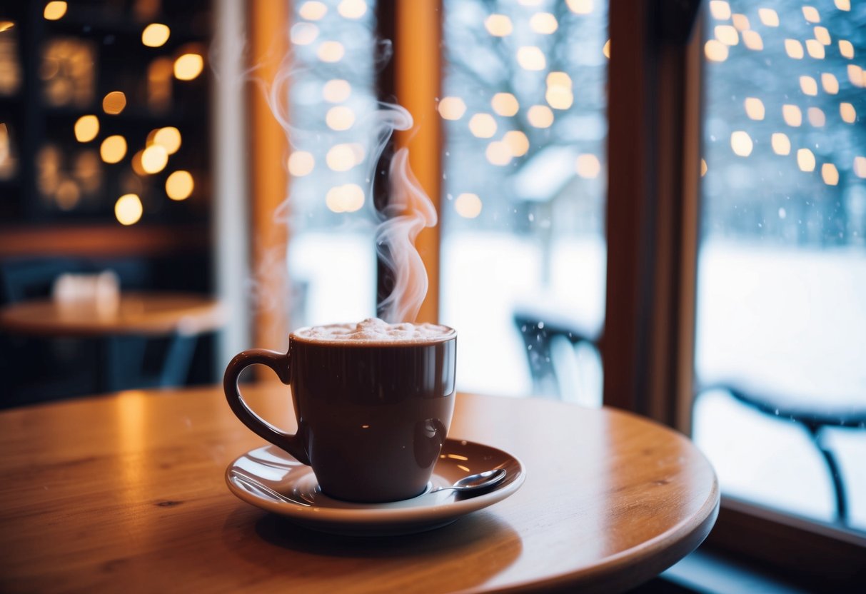 A steaming mug of cocoa on a table in a warm, inviting café. Snow falls outside the window, creating a cozy winter scene