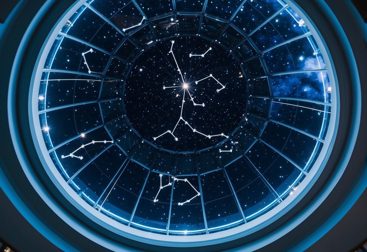 Inside a planetarium, stars shine on the domed ceiling. The night sky is clear, and constellations are visible through the glass