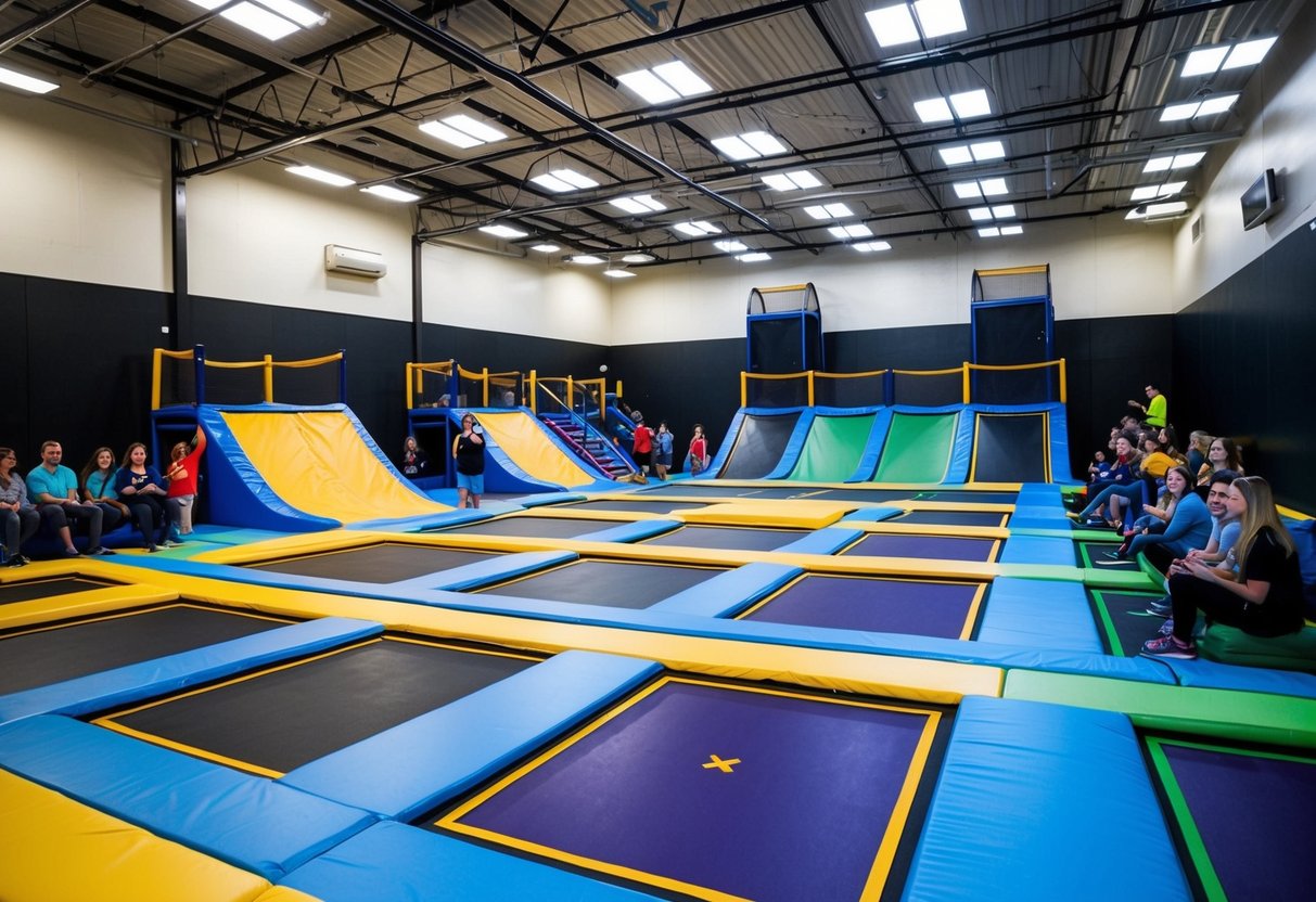 An indoor trampoline park with colorful mats, foam pits, and towering trampolines, surrounded by cheerful spectators and cozy seating areas