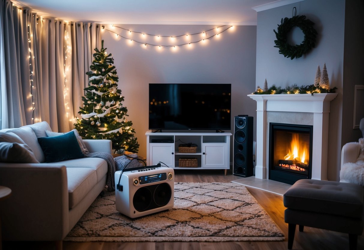 A cozy living room with a crackling fireplace, twinkling string lights, and a karaoke machine set up for a fun winter date night at home