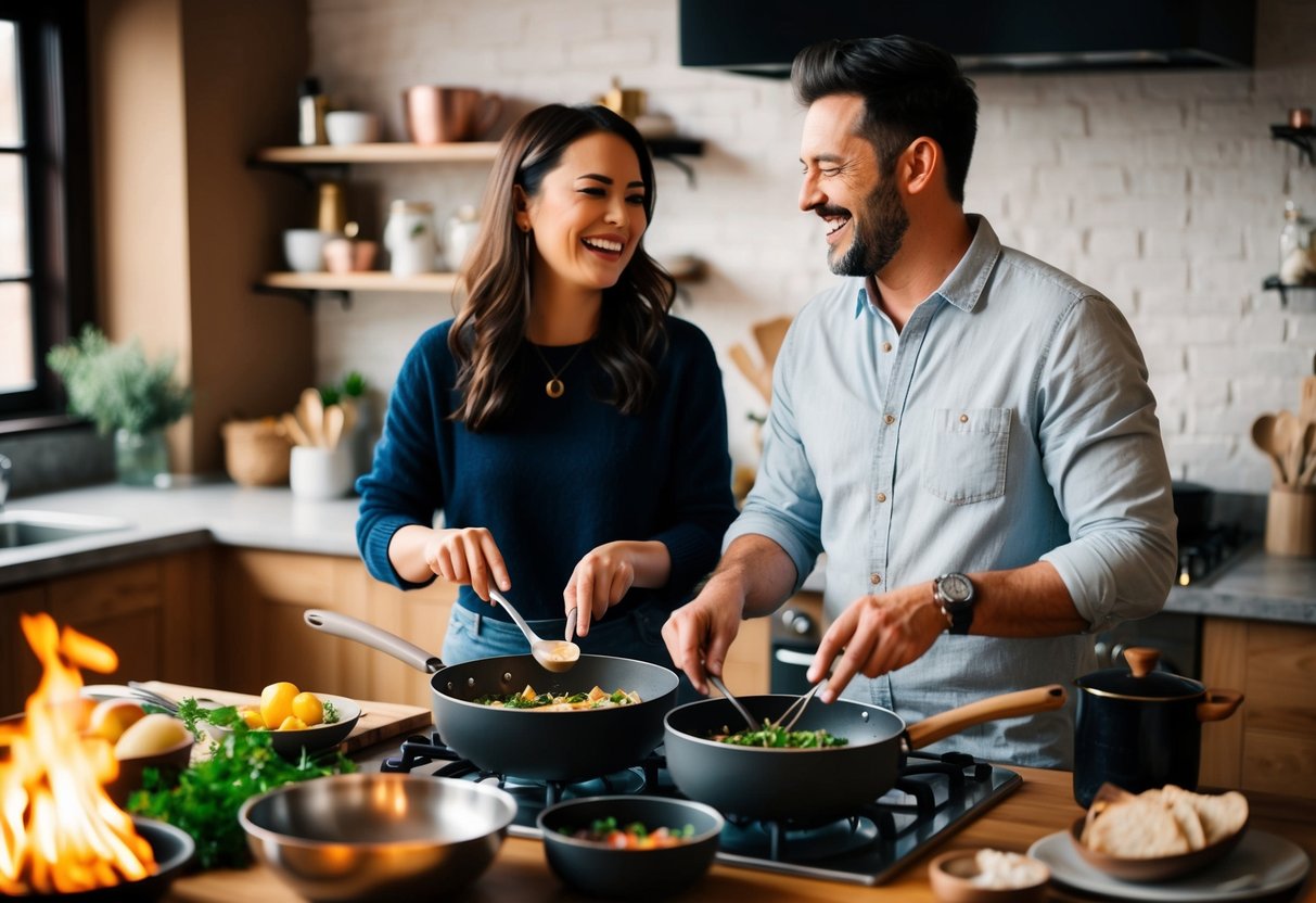Two people cooking together in a cozy kitchen, surrounded by pots, pans, and fresh ingredients. A warm fire crackles in the background as they laugh and bond over their new recipe