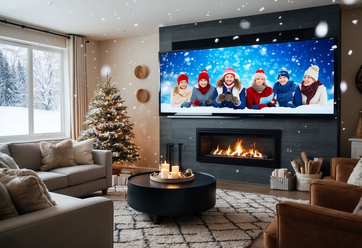 A cozy living room with a crackling fireplace, snow falling outside, and a big screen playing classic winter-themed movies