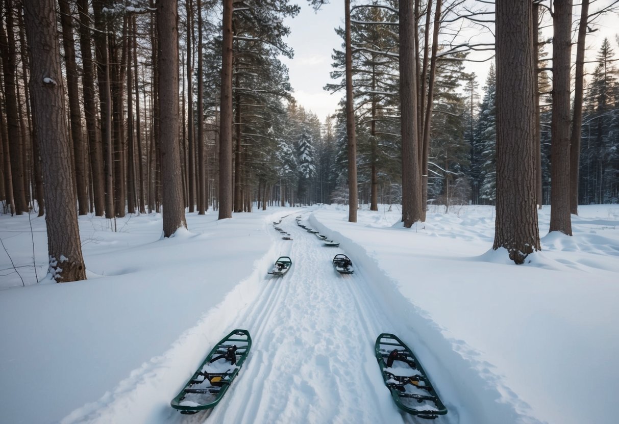 Snow-covered woods with winding paths, snowshoe tracks, and tall trees