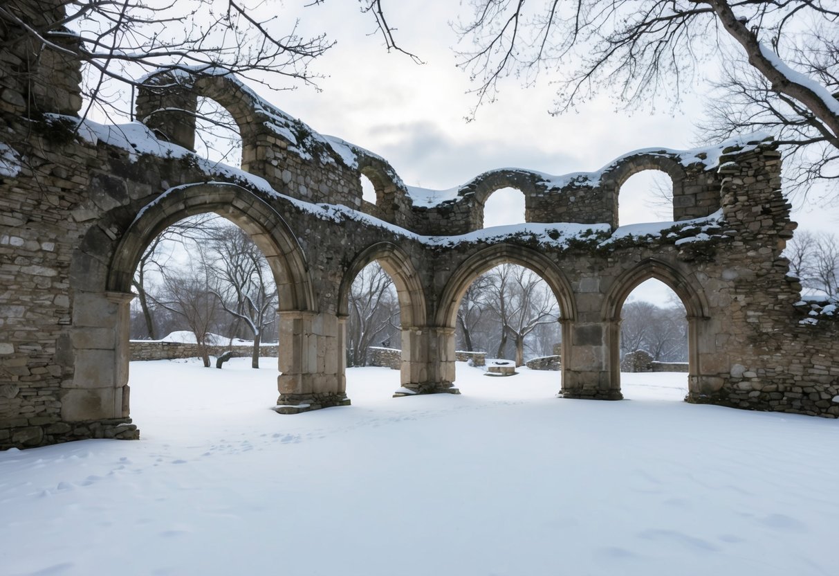 Snow-covered ruins with stone archways and crumbling walls. Leafless trees surround the site, creating a serene and historical atmosphere