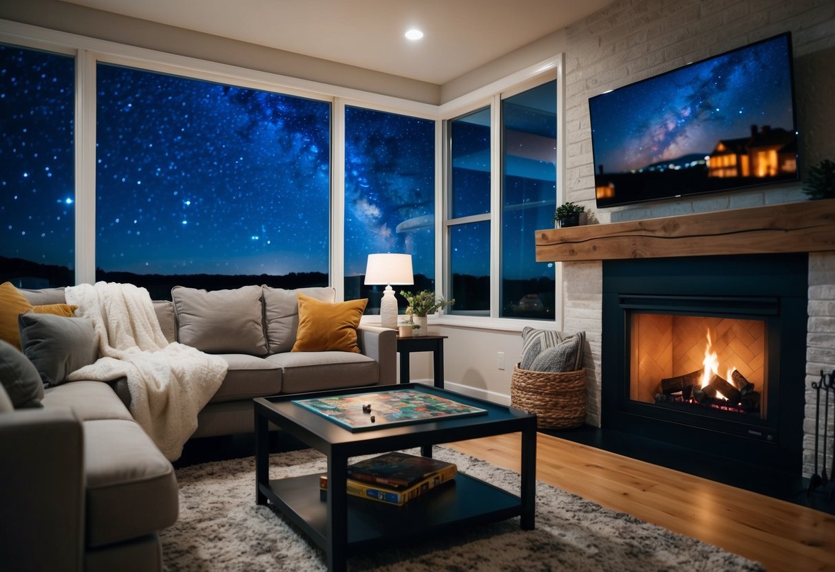 A cozy living room with a crackling fireplace, soft blankets, and a board game set up on a coffee table. Outside, the stars twinkle in the night sky