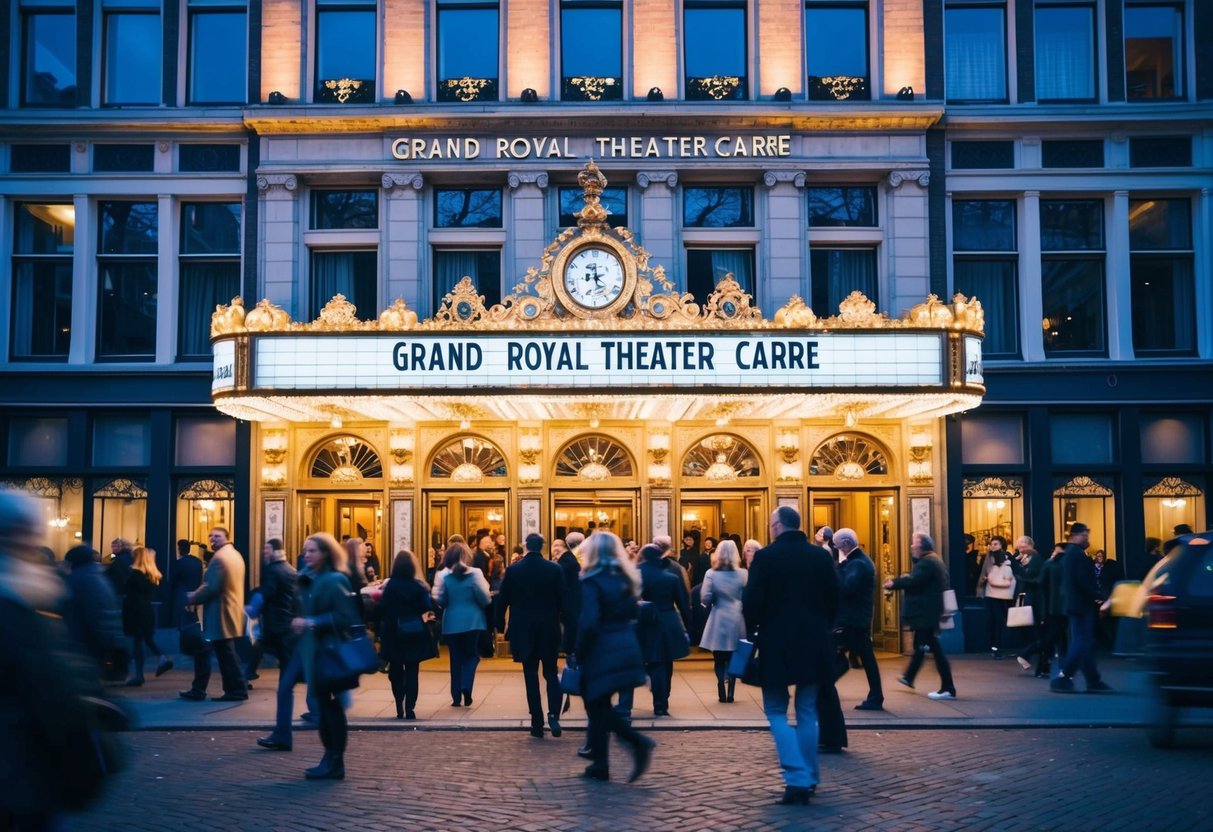 The grand Royal Theater Carré in Amsterdam, with its ornate facade and marquee lit up, bustling with people entering for a show