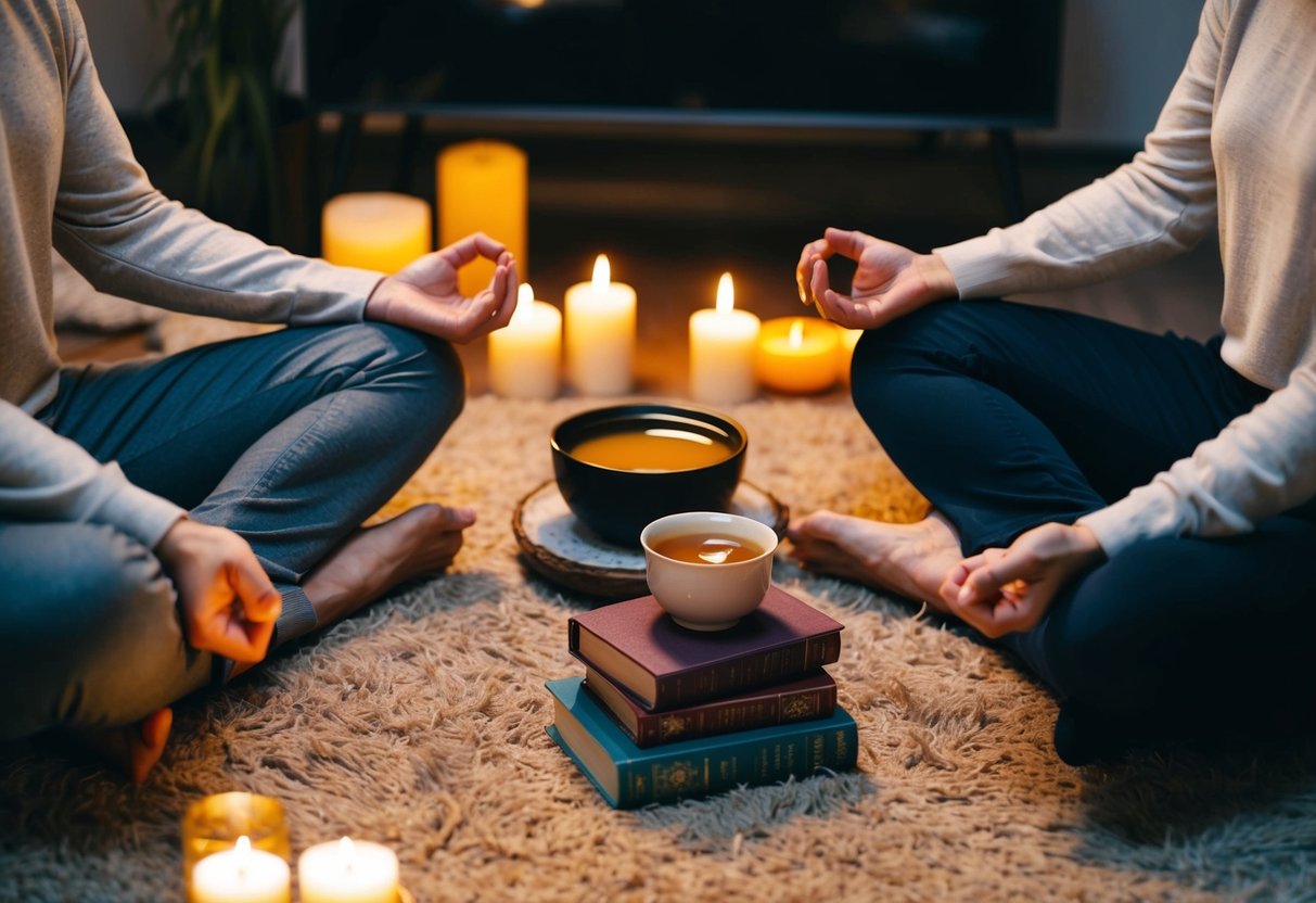Two people sitting cross-legged on a cozy rug, surrounded by candles and soft lighting. A small table holds a pot of tea and a stack of meditation books