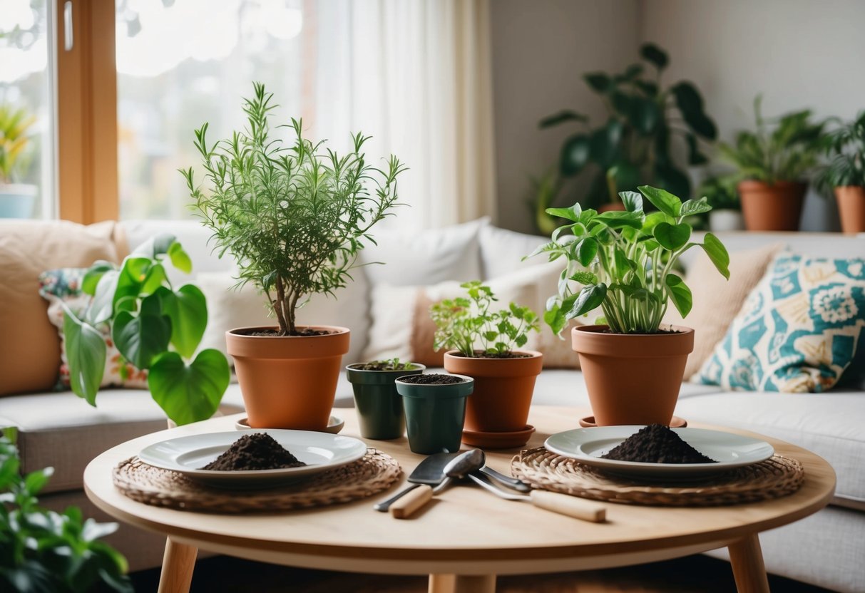 A cozy living room with potted plants, gardening tools, and a table set for two with soil and seeds for an indoor garden date