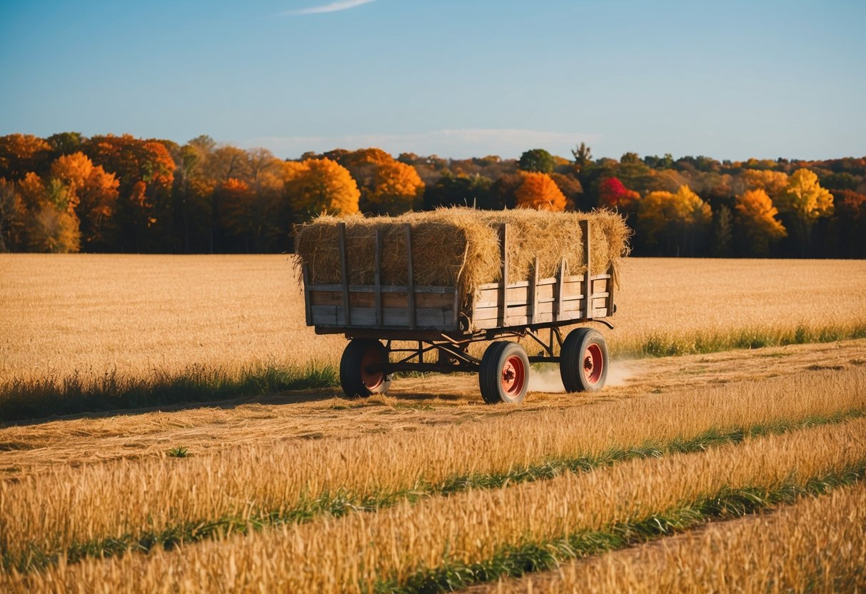 A rustic hay wagon rolls through a golden field, surrounded by colorful autumn foliage and a clear blue sky