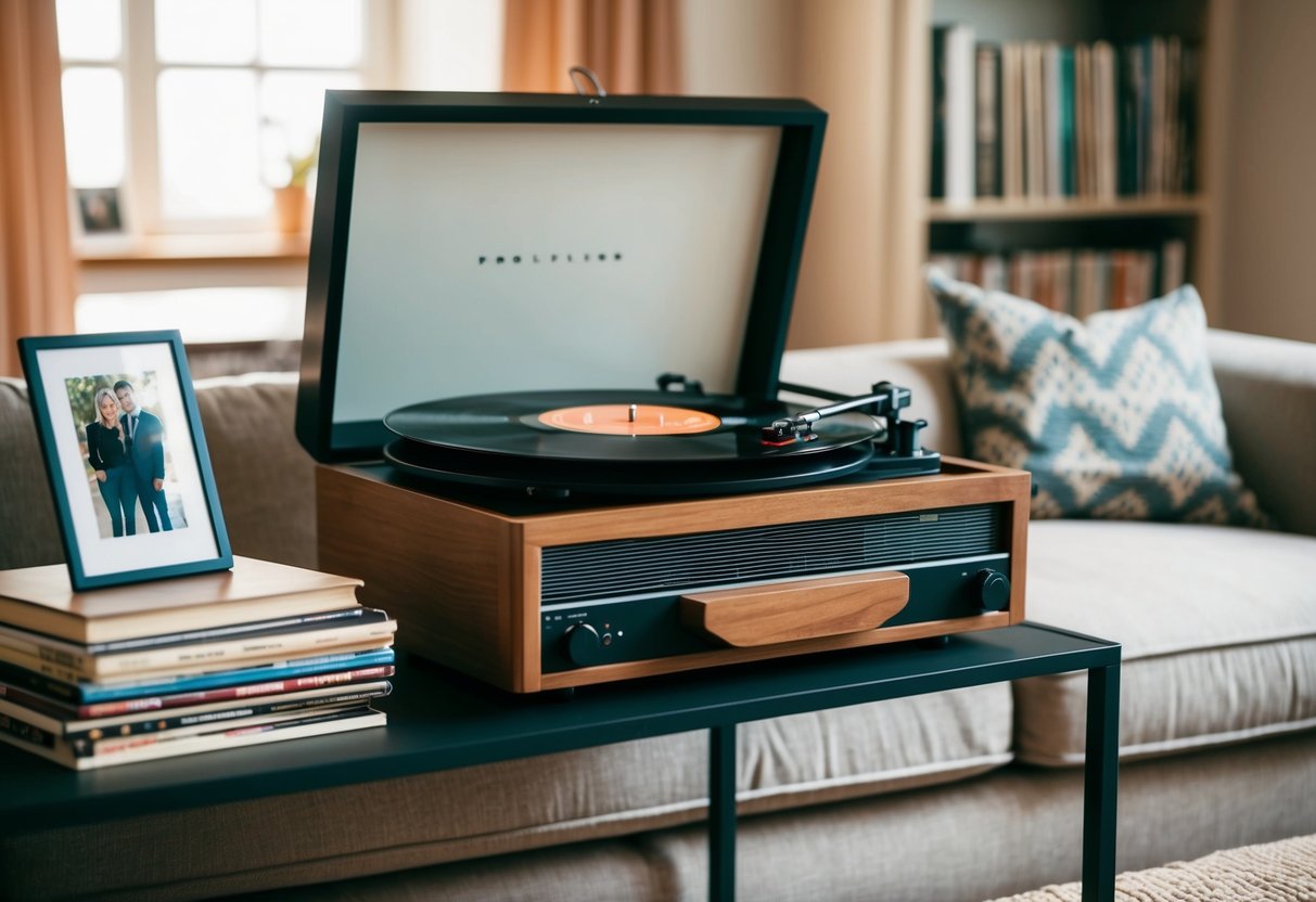 A cozy living room with a record player, books, and a stack of vinyl records. A couple's photo sits on the side table