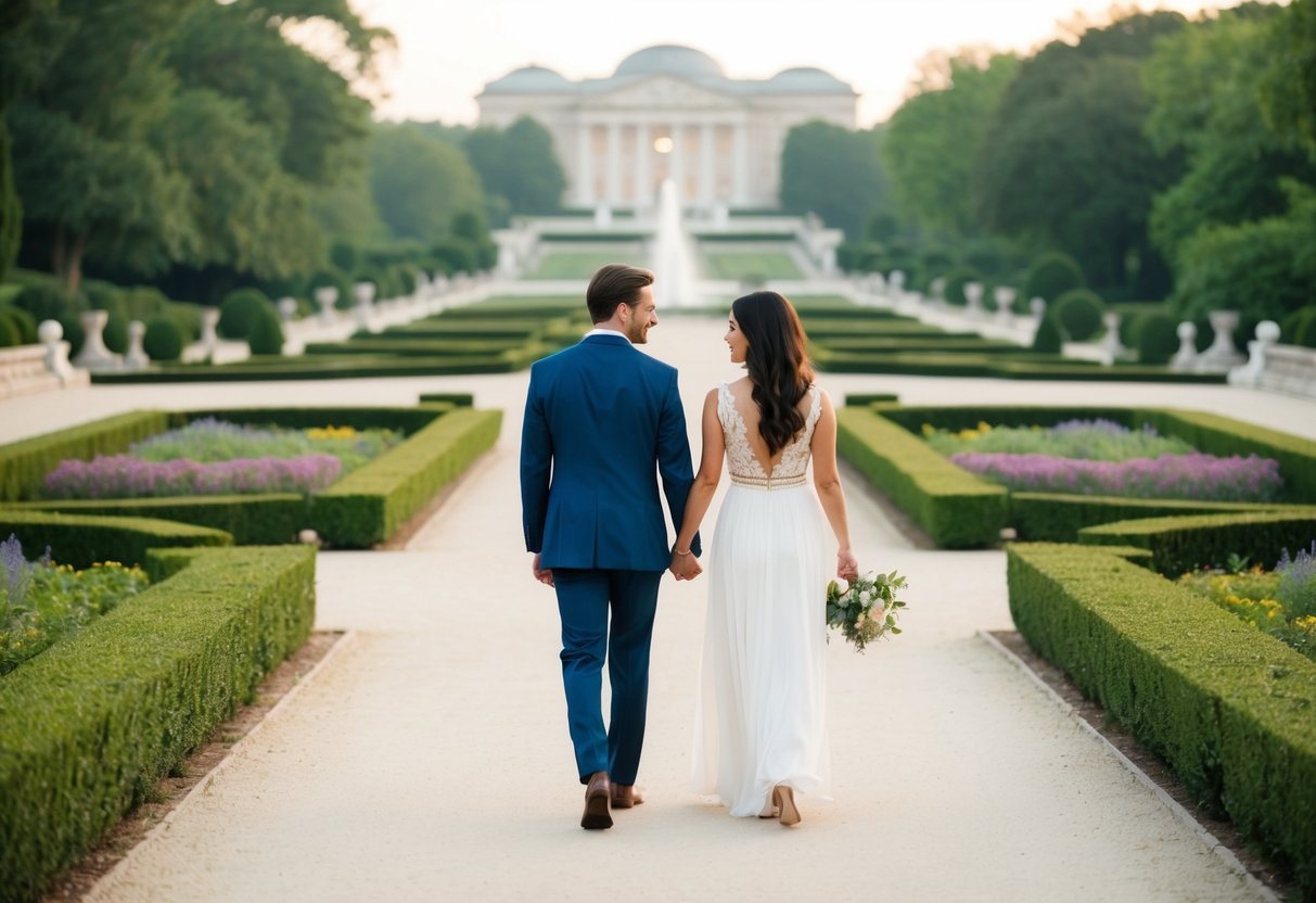A couple strolls through the ornate gardens of the Peace Palace, admiring the grand architecture and serene atmosphere
