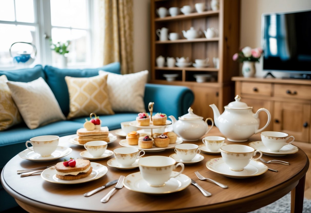 A cozy living room with a table set for a tea party, complete with teacups, saucers, a teapot, and a selection of pastries and finger sandwiches