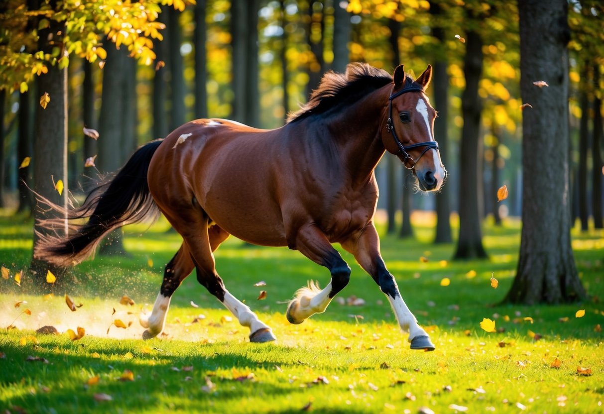 A horse gallops through a colorful forest, with leaves falling and sunlight streaming through the trees