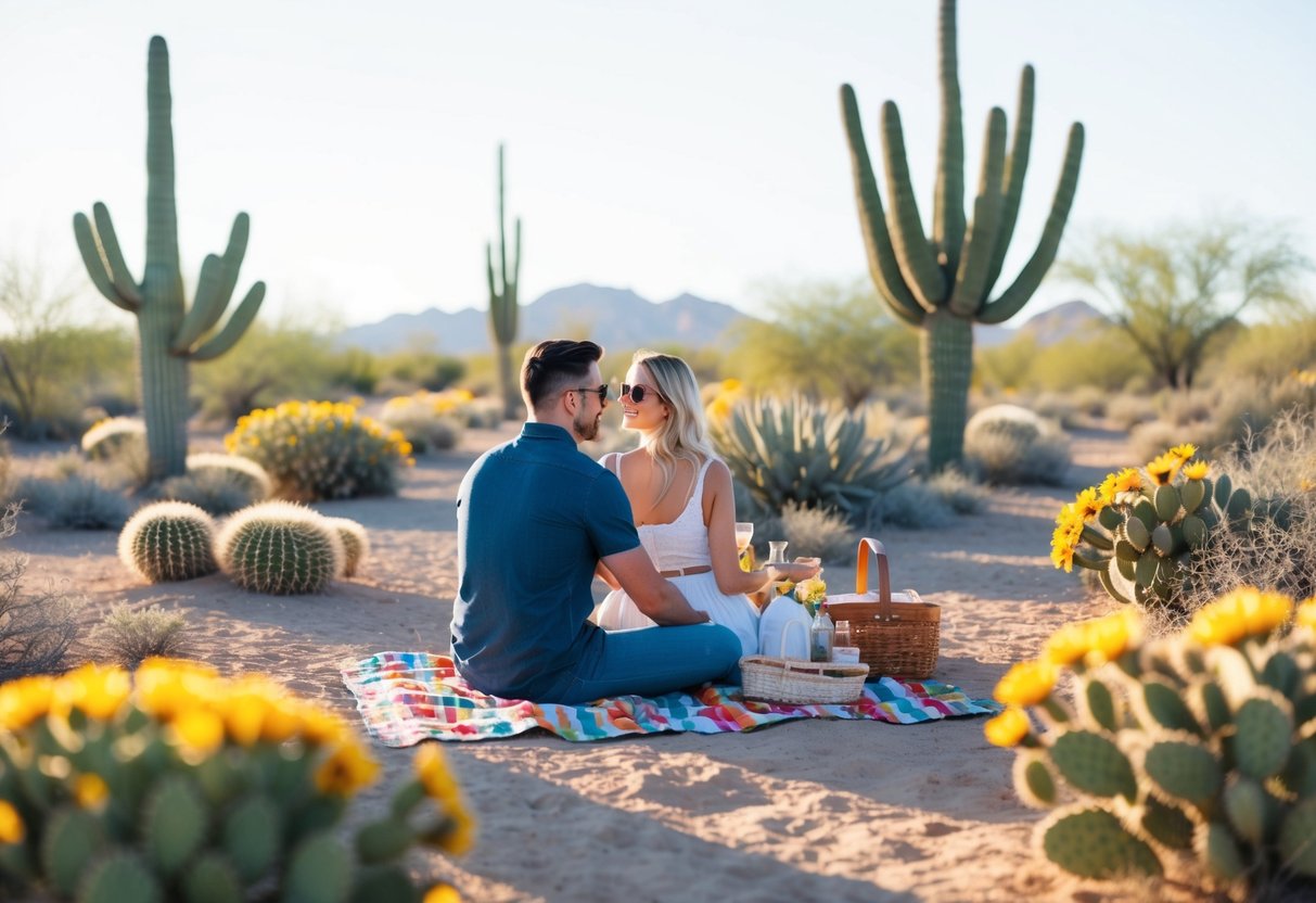 A couple picnicking in a desert oasis surrounded by cacti and colorful wildflowers under the warm Arizona sun