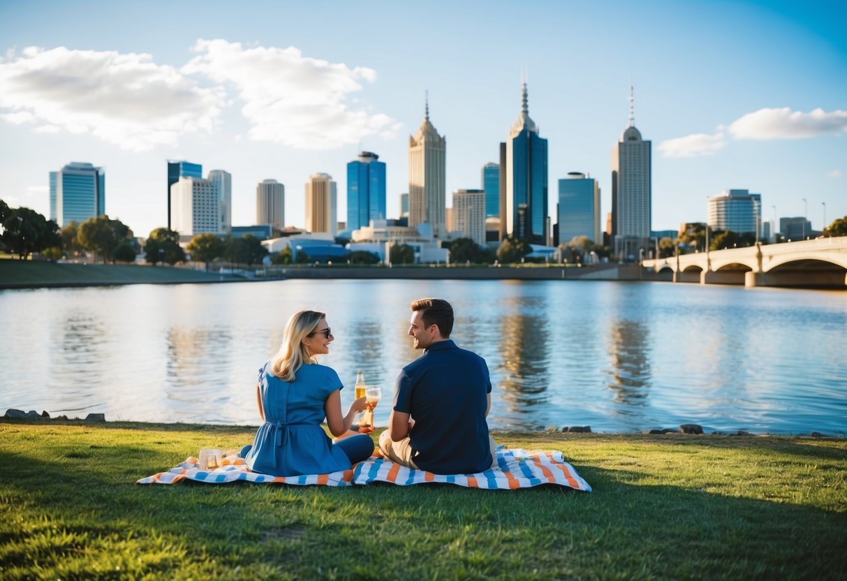 A couple picnicking by the River Torrens with the Adelaide city skyline in the background