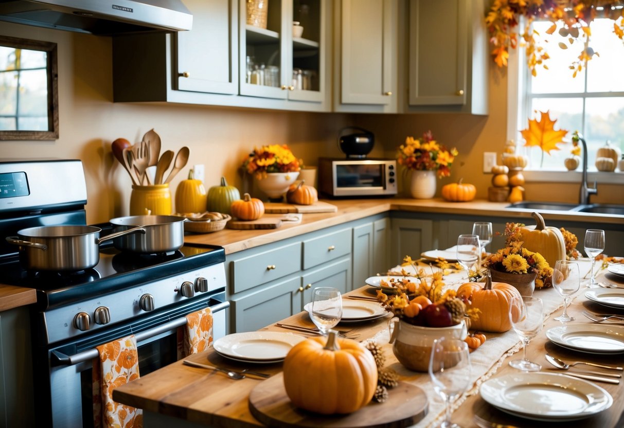 A cozy kitchen with autumn decorations, a pot simmering on the stove, and a table set for a cooking class with fall-themed ingredients and utensils