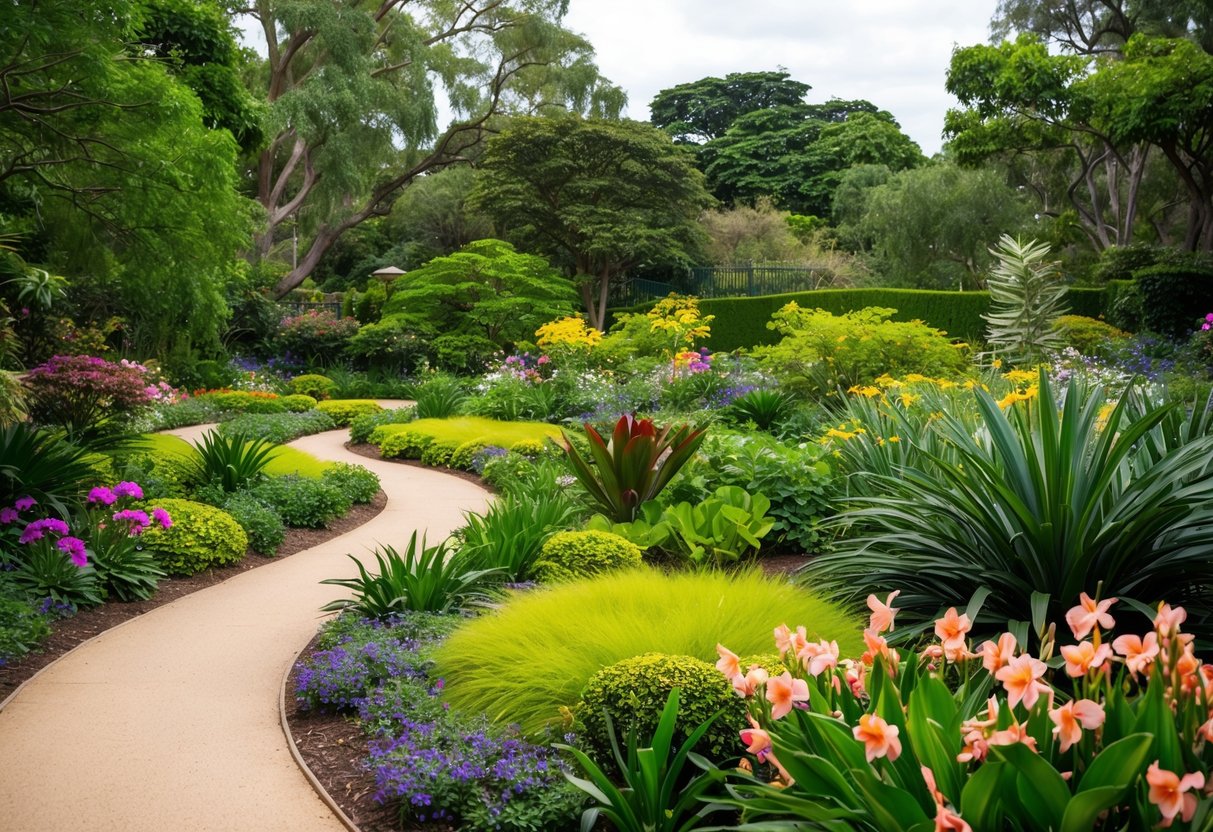 Lush greenery surrounds a winding path through the Adelaide Botanic Garden, with colorful flowers and exotic plants creating a serene and romantic atmosphere