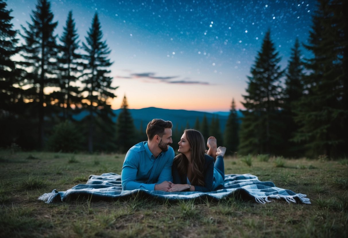 A couple lie on a blanket under a starry sky at The Cedars, surrounded by tall trees and a peaceful atmosphere