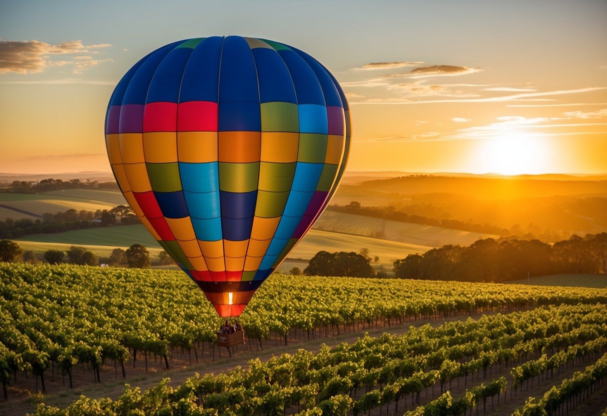 A colorful hot air balloon floats over the picturesque vineyards of Barossa Valley at sunrise