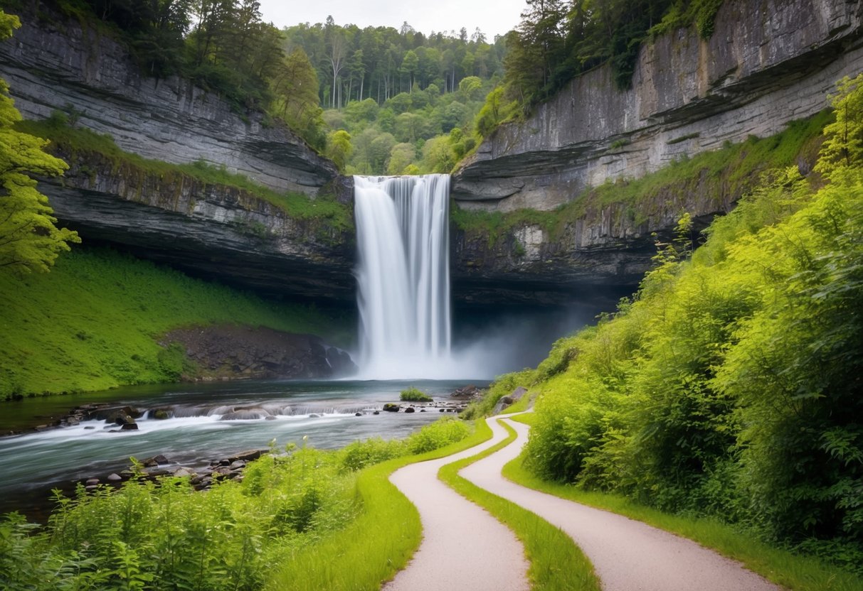 A winding path leads through lush greenery to a cascading waterfall, surrounded by rocky cliffs and a serene forest in the distance