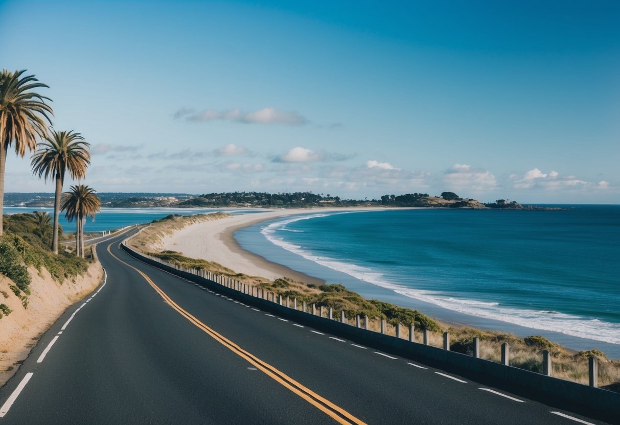 A coastal road winds along the ocean, leading to Glenelg Beach with palm trees and a clear blue sky