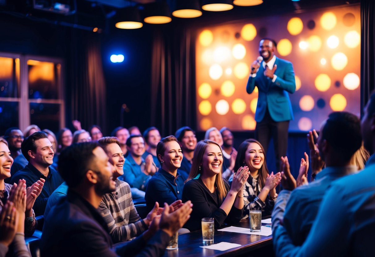 A dimly lit comedy club with a stage, microphone, and audience laughing and clapping