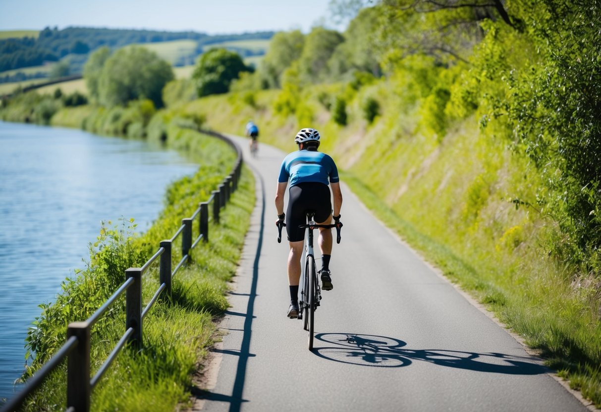 A cyclist rides along the peaceful River Torrens, passing by lush greenery and serene waters on a sunny day
